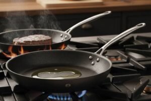 Sartén de hierro marca De buyer sobre un fogón de gas