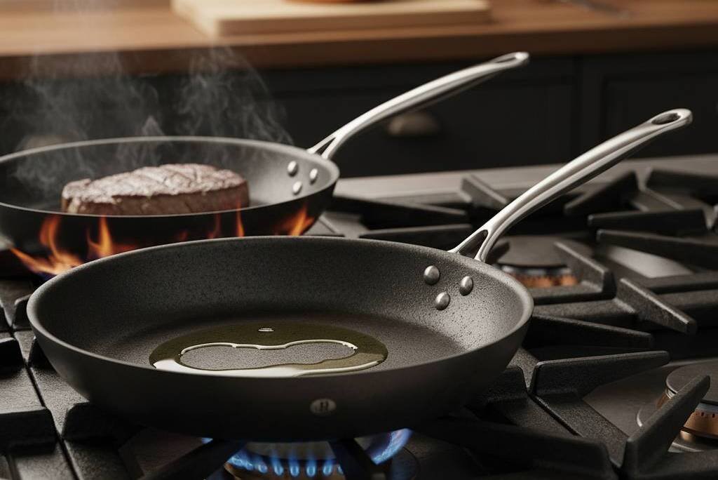 Sartén de hierro marca De buyer sobre un fogón de gas