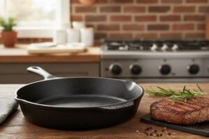 Sartén de hierro marca Lodge sobre una mesa en una cocina