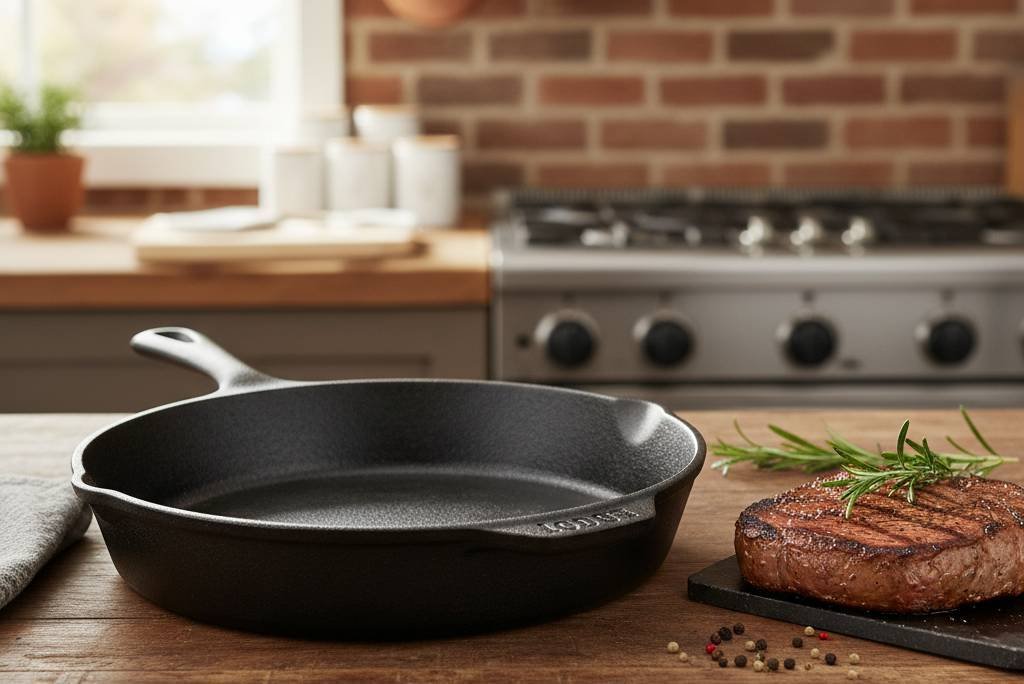 Sartén de hierro marca Lodge sobre una mesa en una cocina