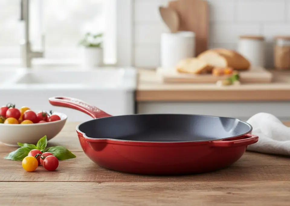 Sartén roja de hierro fundido esmaltado con tomates y albahaca.