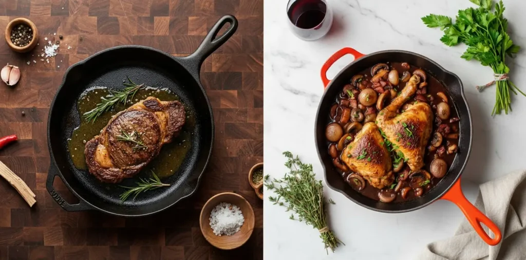 Imagen dividida comparando dos sartenes de hierro fundido. A la izquierda, una sartén Lodge negra con un jugoso bistec de ojo de costilla y romero en su jugo, sobre una tabla de cortar de madera. A la derecha, una sartén Le Creuset roja con mango rojo, conteniendo muslos de pollo cocidos en salsa con champiñones y cebollas, sobre una superficie de mármol blanco, con hierbas frescas y una copa de vino.