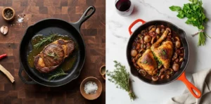 Imagen dividida comparando dos sartenes de hierro fundido. A la izquierda, una sartén Lodge negra con un jugoso bistec de ojo de costilla y romero en su jugo, sobre una tabla de cortar de madera. A la derecha, una sartén Le Creuset roja con mango rojo, conteniendo muslos de pollo cocidos en salsa con champiñones y cebollas, sobre una superficie de mármol blanco, con hierbas frescas y una copa de vino.